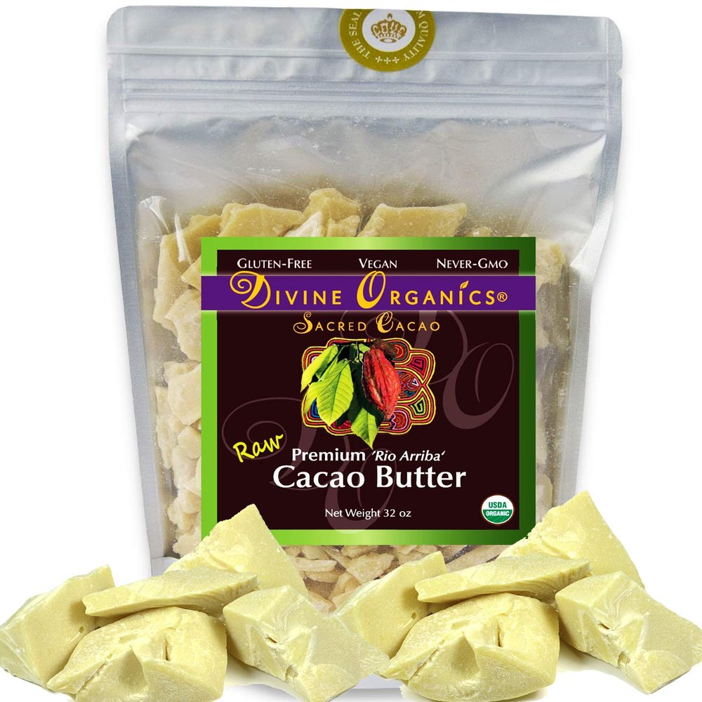 Divine Organics Raw Cacao Butter/Cocoa Butter - Certified Organic - Food Grade - Edible - Fragrant, Natural Skin Moisturizer (32 oz)