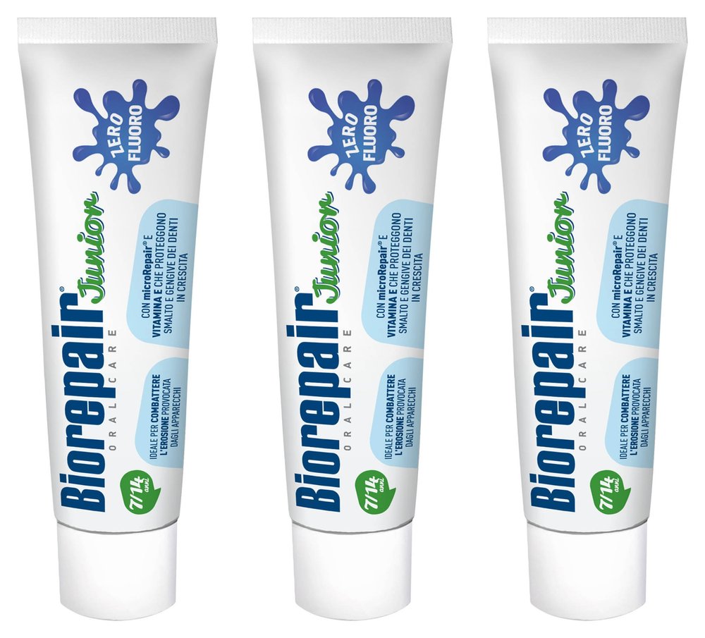 Biorepair: Oral Care Junior 7-14 Years Toothpaste, Fluoride Free, with Mint Extract - 2.53 Fluid Ounces (75ml) Tubes (Pack of 3) [ Italian Import ]