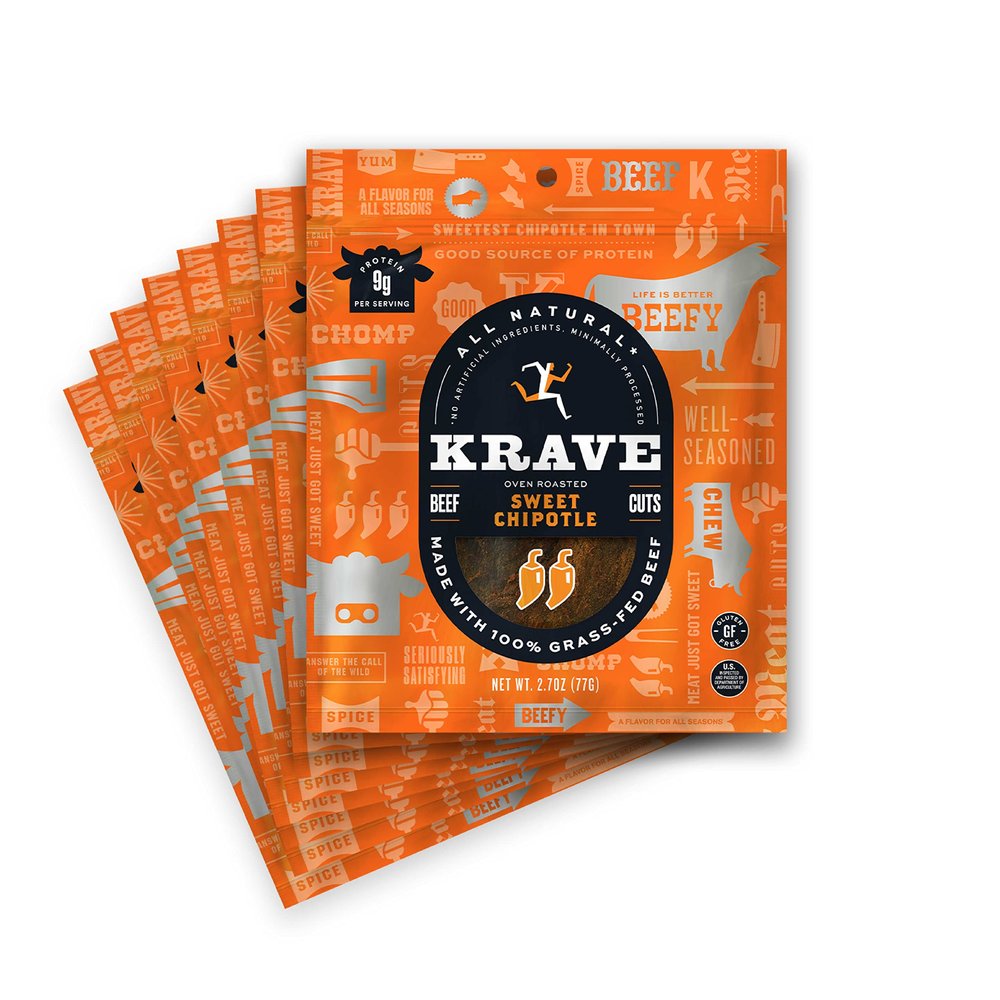 KRAVE All Natural Beef Jerky, Sweet Chipotle - Protein Packed Snacks Roasted for Maximum Flavor - 100% Grass Fed Beef - Gluten Free - 2.7 Ounce (Pack of 8)