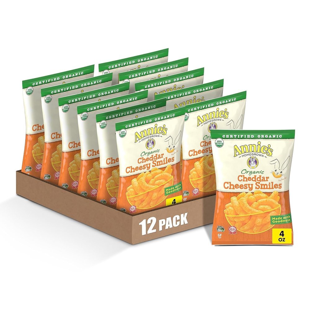 Annie's Organic Cheddar Cheesy Smiles, Baked Corn Puffs, Gluten Free, 4 oz (Pack of 12)