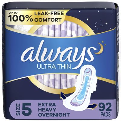 Always Ultra Thin Feminine Pads for Women, Size 5, Extra Heavy, Overnight Absorbency with Wings, (92 Count Total)