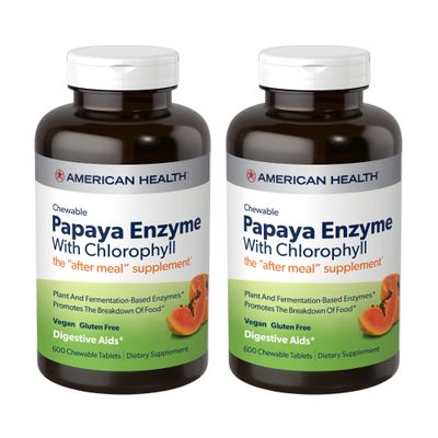American Health Papaya Enzyme with Chlorophyll Chewable Tablets, 2 Pack - Promotes Nutrient Absorption, Helps Digestion and Freshens Breath - Gluten-Free, Vegetarian - 600 Tablets, 400 Total Servings