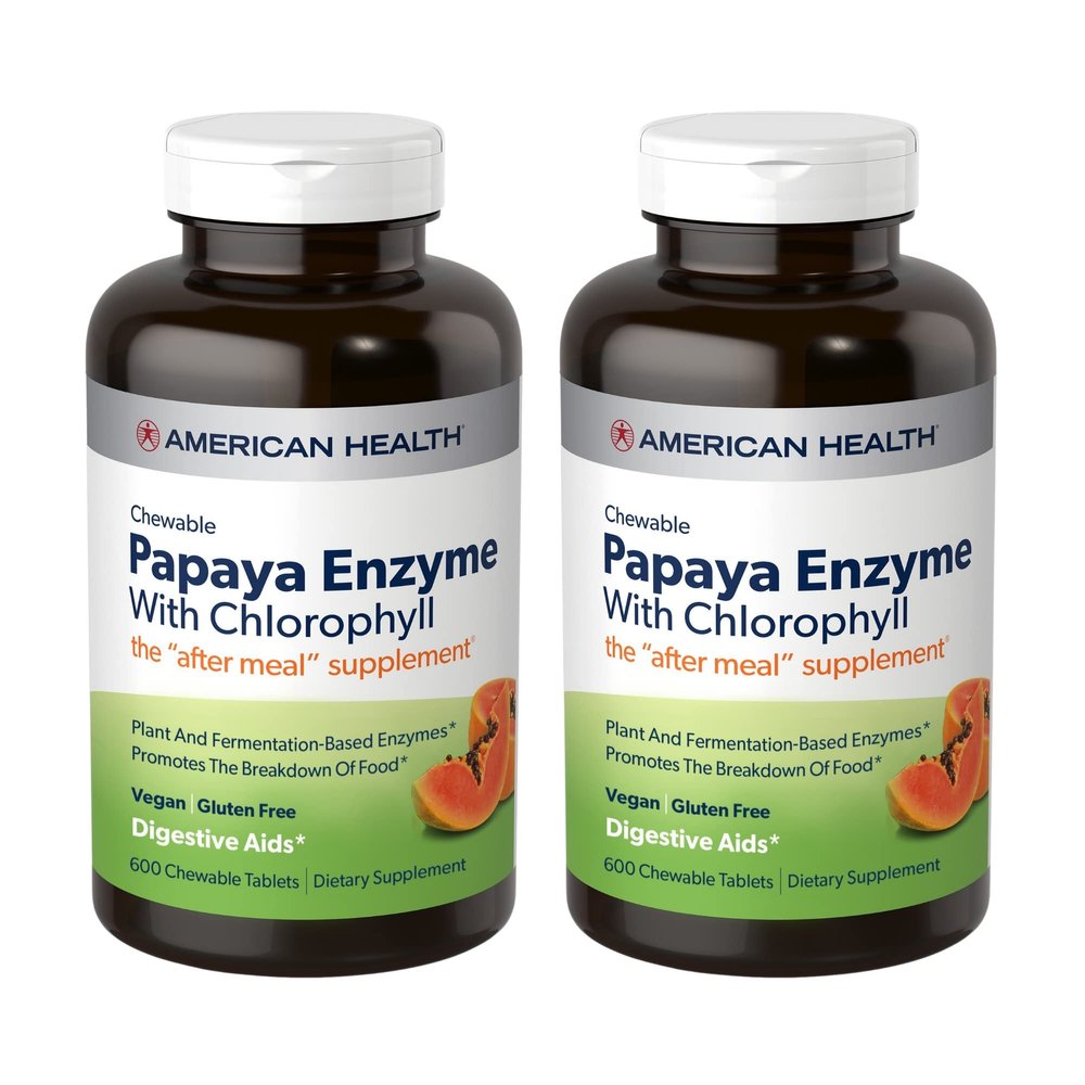 American Health Papaya Enzyme with Chlorophyll Chewable Tablets, 2 Pack - Promotes Nutrient Absorption, Helps Digestion and Freshens Breath - Gluten-Free, Vegetarian - 600 Tablets, 400 Total Servings