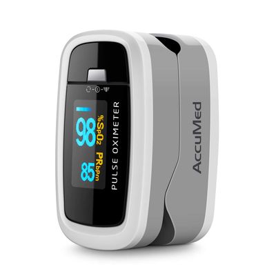 AccuMed CMS-50D1 Fingertip Pulse Oximeter Blood Oxygen Sensor SpO2 for Sports and Aviation. Portable and Lightweight with LED Display, 2 AAA Batteries, Lanyard and Travel Case (White)