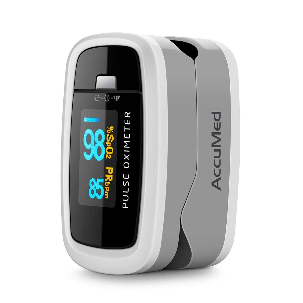 AccuMed CMS-50D1 Fingertip Pulse Oximeter Blood Oxygen Sensor SpO2 for Sports and Aviation. Portable and Lightweight with LED Display, 2 AAA Batteries, Lanyard and Travel Case (White)