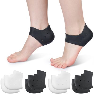 Silicone Heel Protectors for Cracked Heels, Heel Spurs, Plantar Fasciitis - Gel Heel Pads, 4 Pairs, Unisex, Black and White