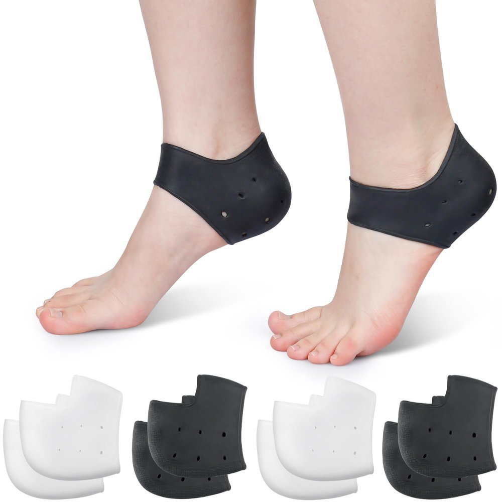 Silicone Heel Protectors for Cracked Heels, Heel Spurs, Plantar Fasciitis - Gel Heel Pads, 4 Pairs, Unisex, Black and White