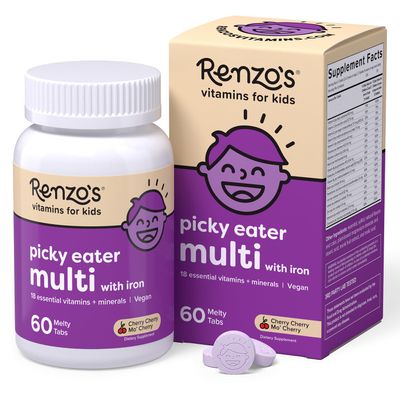 Renzo's Picky Eater Kids Multivitamin with Iron, Dissolving Kids Vitamins with Vitamin D3 & K2 and More, 60 Sugar-Free Melty Tabs, Cherry Mo Cherry Flavored