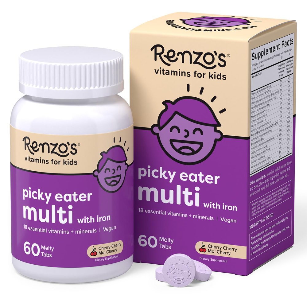 Renzo's Picky Eater Kids Multivitamin with Iron, Dissolving Kids Vitamins with Vitamin D3 & K2 and More, 60 Sugar-Free Melty Tabs, Cherry Mo Cherry Flavored