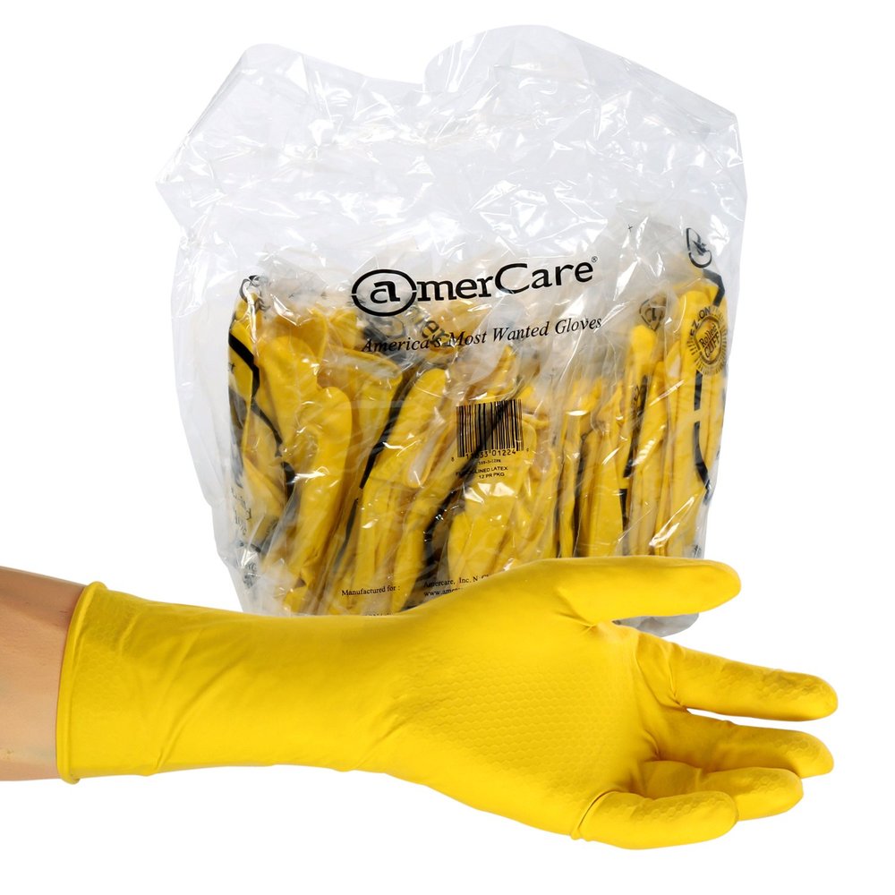 AmerCare Neptune Yellow Household Latex Rubber Gloves for Dishwashing and Cleaning, Extra-Large, Case of 120 Pairs