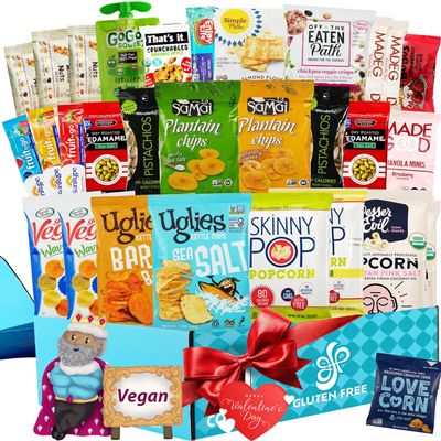 Gluten Free Palace Deluxe Snacks Variety Pack Vegan Valentines Day Gift Basket Healthy Snack Box for Adults, Couples & College Students Gourmet Valentine Treat Assortment (32 Count)