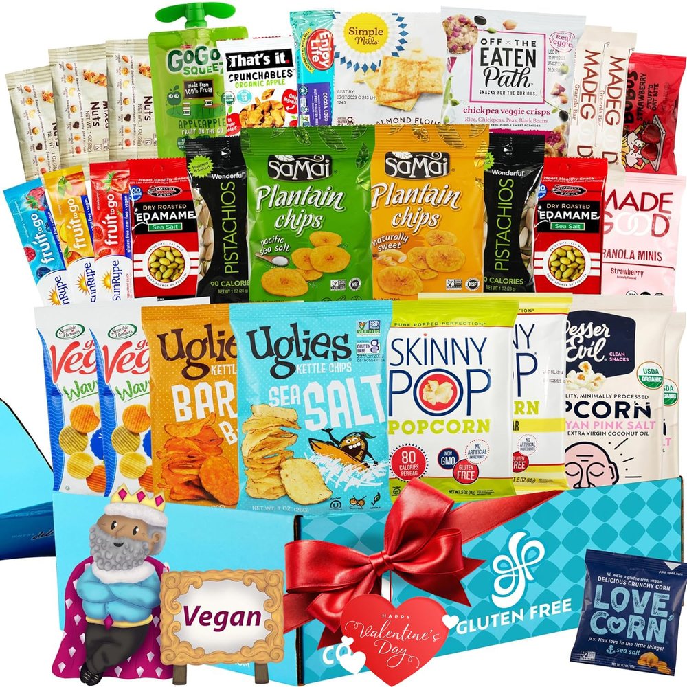 Gluten Free Palace Deluxe Snacks Variety Pack Vegan Valentines Day Gift Basket Healthy Snack Box for Adults, Couples & College Students Gourmet Valentine Treat Assortment (32 Count)