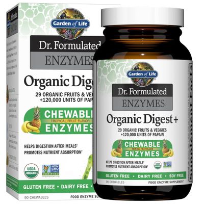 Garden of Life Dr Formulated Digestive Enzymes with Papain, Bromelain, Lipase for Digestion & Nutrient Absorption Organic Digest+ - Vegan, Gluten-Free, Non-GMO, Tropical Fruit Flavor, 90 Chewables