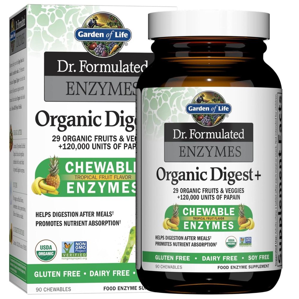 Garden of Life Dr Formulated Digestive Enzymes with Papain, Bromelain, Lipase for Digestion & Nutrient Absorption  Organic Digest+ - Vegan, Gluten-Free, Non-GMO, Tropical Fruit Flavor, 90 Chewables