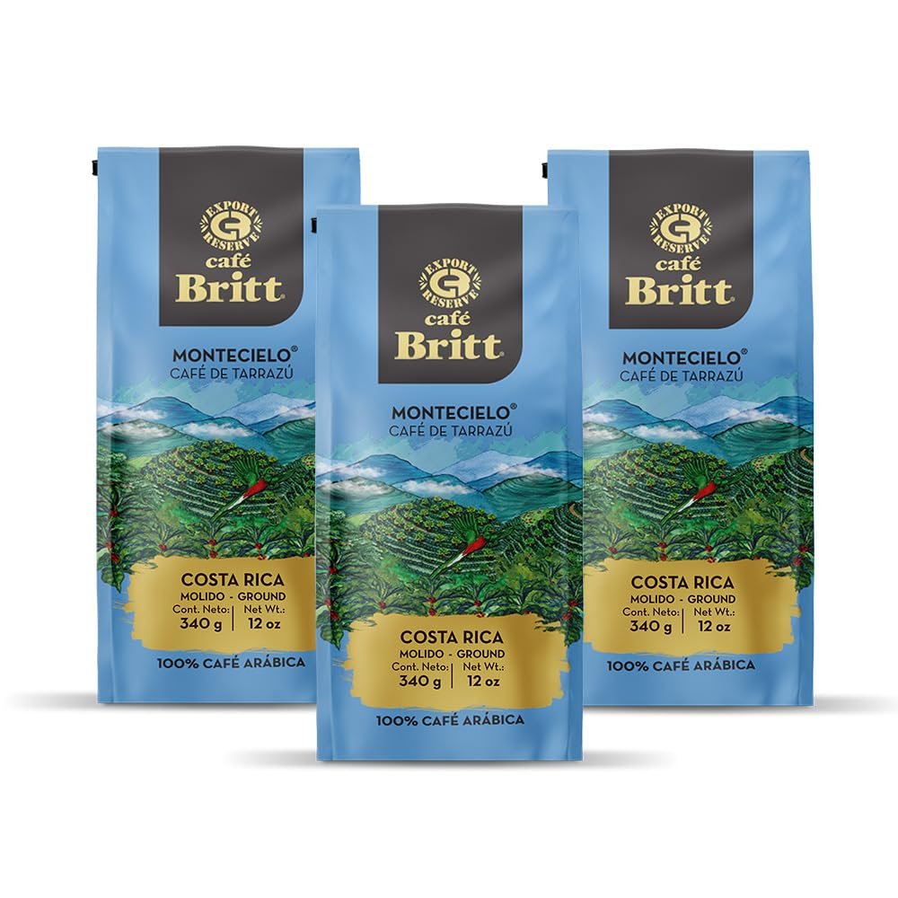 Caf Britt - Costa Rican Montecielo, Coffee From Tarrazu (12 oz.) (3-Pack) - Ground, Arabica Coffee, Kosher, Gluten Free, 100% Gourmet & Medium Dark Roast