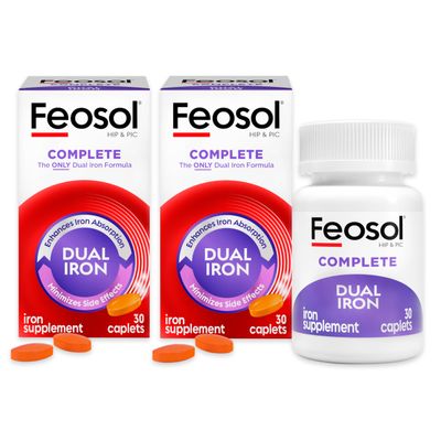Feosol Complete Iron Supplement Caplets, Bifera Iron for High Absorption, Heme and Non-Heme Dual Action Minimizes Side Effects, 1 Per Day, Energy and Immune System Support, Pack of 2, Total 60 Count