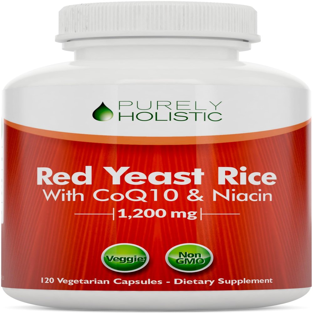 Purely Holistic Red Yeast Rice 1200mg with CoQ10 Supplement & Flush Free Niacin 120 Extra Strength Vegetarian Capsules  Advanced Healthy Heart Formula - Non-Irradiated, Citrinin Free