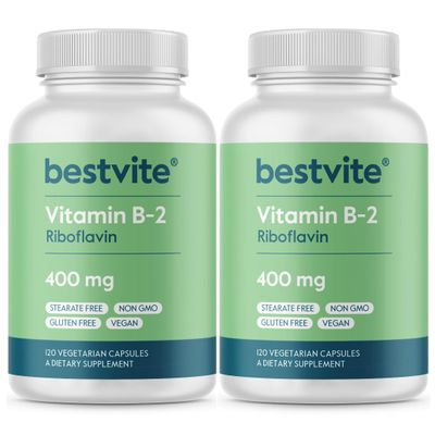 BESTVITE Vitamin B-2 (Riboflavin) 400mg (240 Vegetarian Capsules) (120 x 2) - High Potency  Energy, Skin & Cellular Health  Healthy Nervous System Support  Vegan  Gluten Free - No Stearates