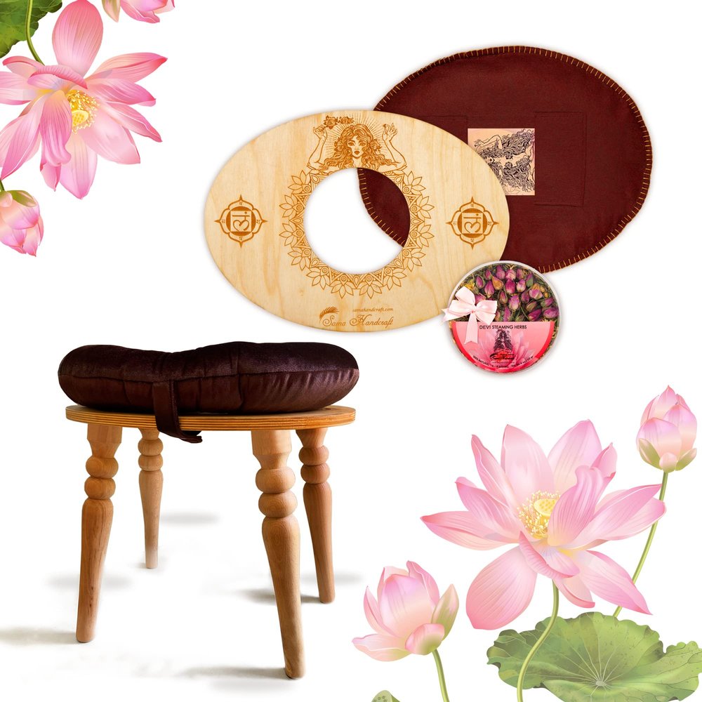 Sama Handcraft Seat for Yoni in a Luxury package-Devi steaming wooden SEAT with engraved pictures of Goddess Yoga and Muladhara (Queen (Seat+Herbs 4oz+Cushion), Gold)