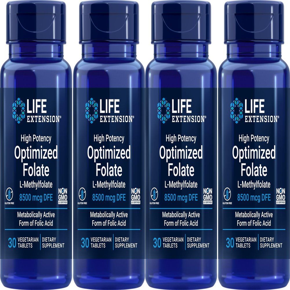 Life Extension High Potency Optimized Folate 8500 mcg DFE, 30 Vegetarian Tablets (Pack of 4)