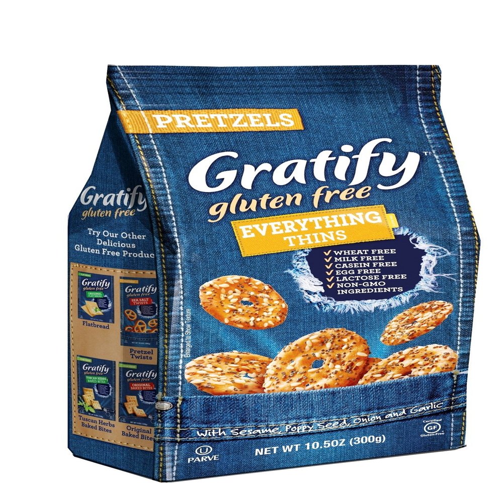 Gratify Gluten Free Pretzel Thins Everything Vegan GF Pretzel Crisps, 10.5oz Bag (Pack of 1)