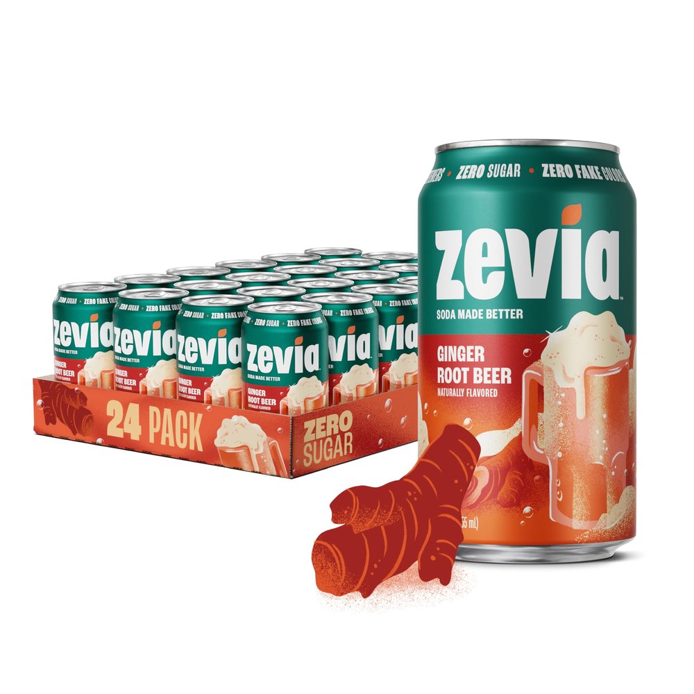 Zevia Zero Sugar Soda, Ginger Root Beer, 12 oz Cans (24-Pack) Naturally Sweetened, Zero Calorie Sugar Free Soda - Non-GMO Project Verified, Gluten-Free, Vegan