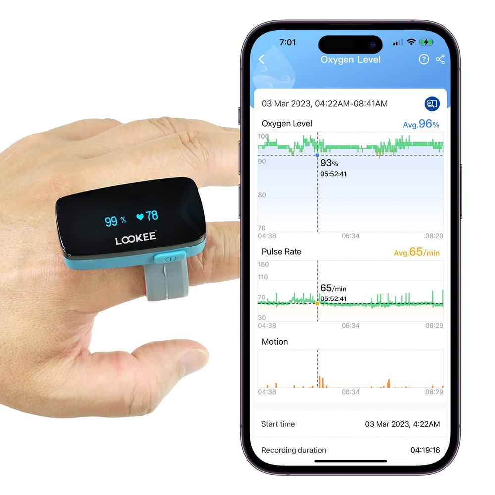 LOOKEE O2-Tracker Ring Continuous Pulse Oximeter - Wearable Oxygen Monitor with Vibration Reminder for Low O2 - Rechargeable Blood Oxygen Saturation SpO2 Meter - Free APP with Reports
