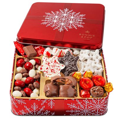 Bonnie and Pop's Holiday Tin- with Assorted Christmas Chocolate, Nuts, Bark, Truffles Festive, Corporate, Family, Gift Basket Idea for Men and Women