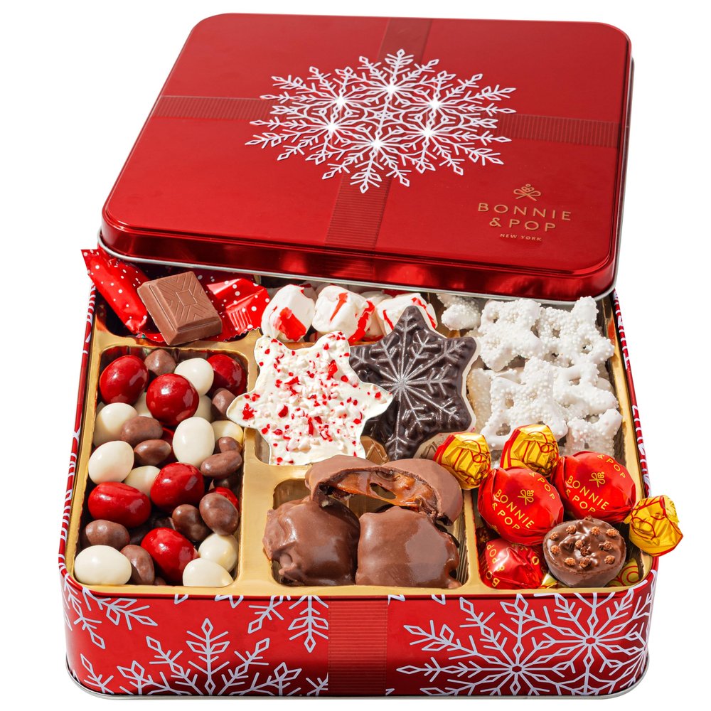 Bonnie and Pop's Holiday Tin- with Assorted Christmas Chocolate, Nuts, Bark, Truffles  Festive, Corporate, Family, Gift Basket Idea for Men and Women