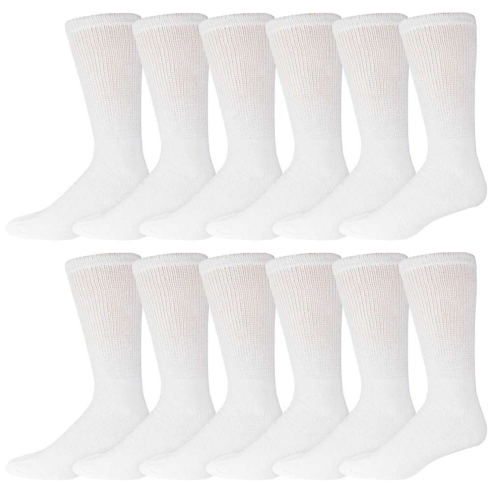 12 Pairs of Cotton Diabetic Neuropathy Crew Socks (10-13, Fits Mens shoe size 9-12, White)