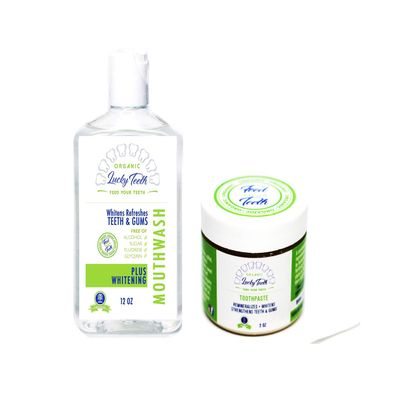 Organic Oral Care Pack - Food Grade Peroxide Whitening Mouthwash + Remineralizing Toothpaste - by Lucky Teeth.