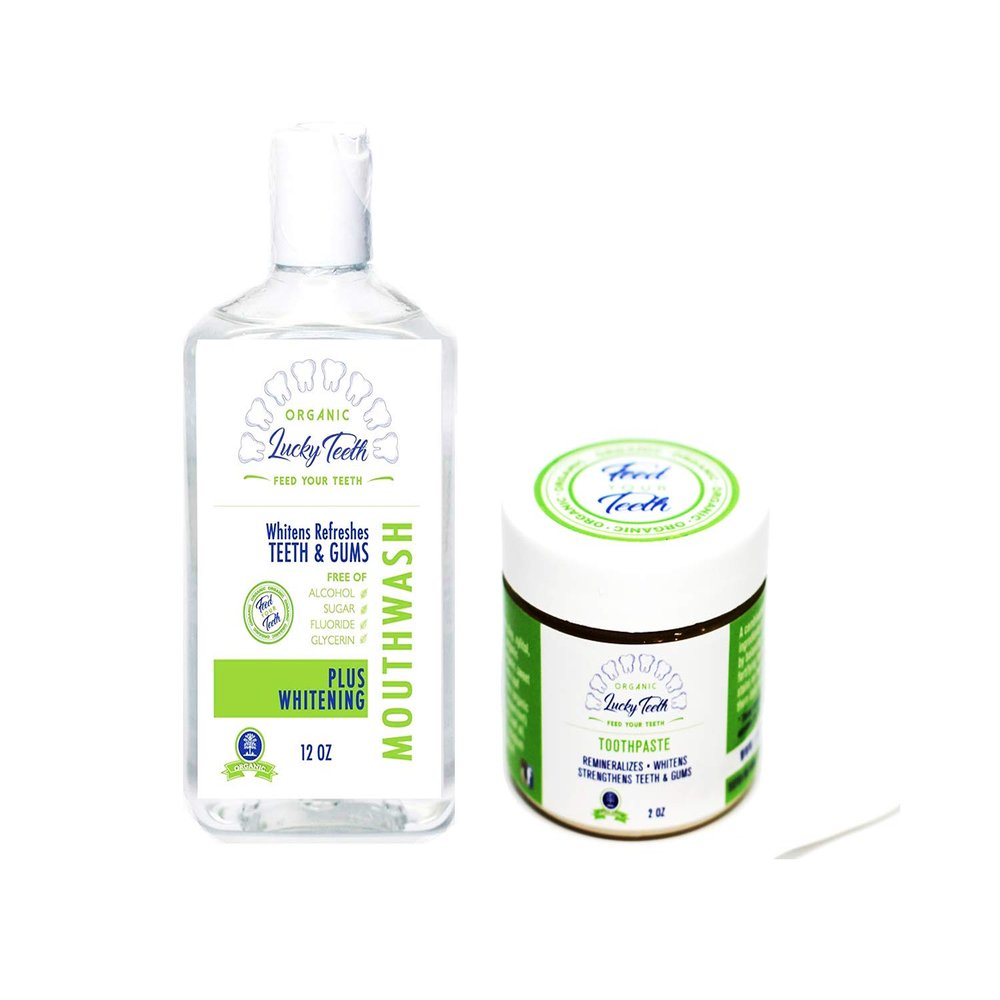 Organic Oral Care Pack - Food Grade Peroxide Whitening Mouthwash + Remineralizing Toothpaste - by Lucky Teeth.