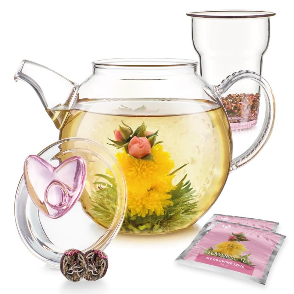 Teabloom Eternal Love Teapot Glass Teapot (36 oz), Heart-Topped Lid, Glass Loose Leaf Tea Infuser + 2 Gourmet Blooming Teas - Thermal Shock Resistant - Stovetop Safe