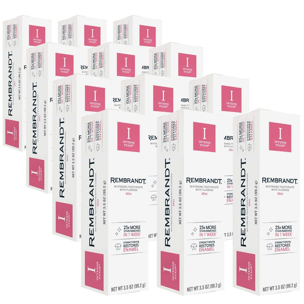 REMBRANDT Intense Stain Whitening Toothpaste With Fluoride, Removes Tough Stains, Rehardens And Strengthens Enamel, Mint Flavor, 3.5 Ounce (Pack of 12)
