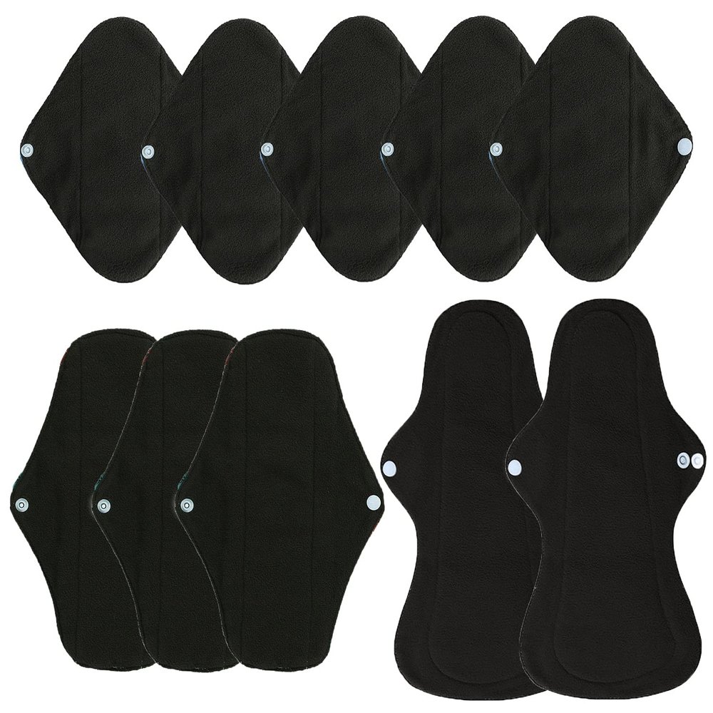 10pcs Reusable Bamboo Charcoal Cloth Menstrual Pads Set, Including 5pc Small Panty Liners + 3pcs Regular Flow Sanitary Pads +2pcs Heavy Flow Menstrual Pads